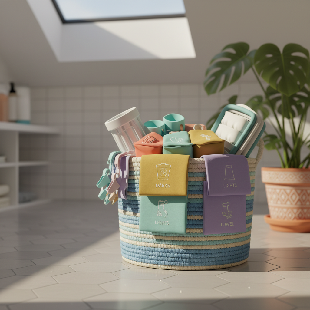 A bright, cleverly organized laundry basket with rounded woven textures in pastel blue, brimming with playful, color-coded storage bags, and innovative, foldable laundry tools. Nestled atop a dazzlingly clean tile floor beside a vivid potted plant, the basket sits beneath diffused afternoon light filtering through a skylight, creating cheerful, soft shadows and sparkling highlights on glossy plastics. Composed at a gentle side angle using the rule of thirds, the image channels a sense of whimsical order and easy efficiency, with sharp focus and a photographic style emphasizing energetic, clever home solutions.